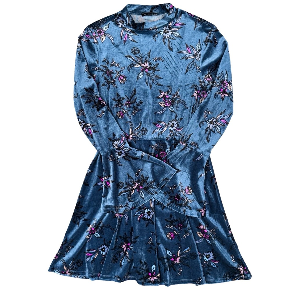 Blue Velvet Floral Dress Bell Sleeve Mock Neck Fit Flare Womens Medium - Picture 6 of 9